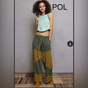 BPB217-6💚🤎NEW! POL fun deep forest  green+ tan wide leg pants perfect4 day2date!